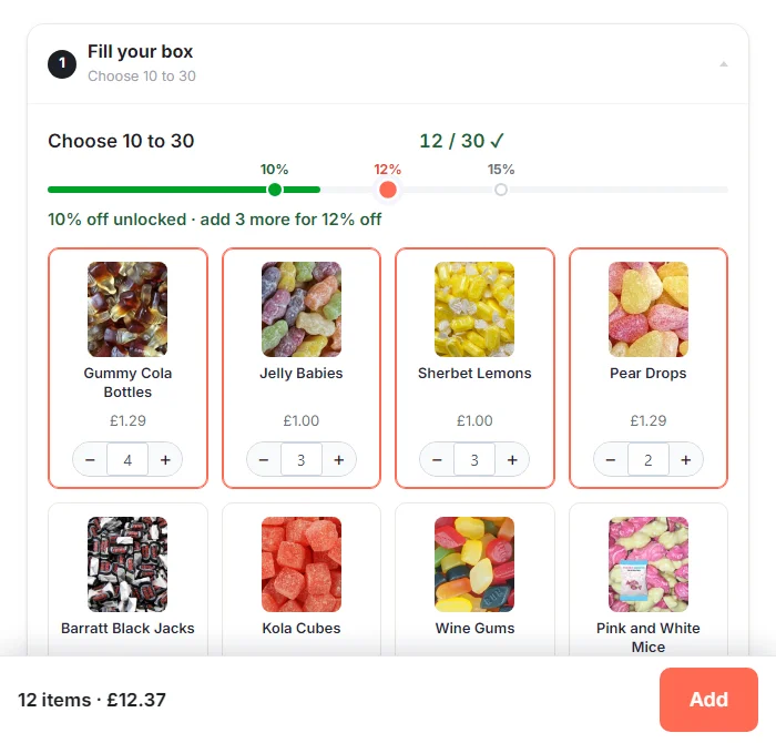 A pick and mix box at twelve of thirty sweets: 10% off is unlocked, the ladder shows 12% and 15% ahead, and the bar reads 12 items, 12.37