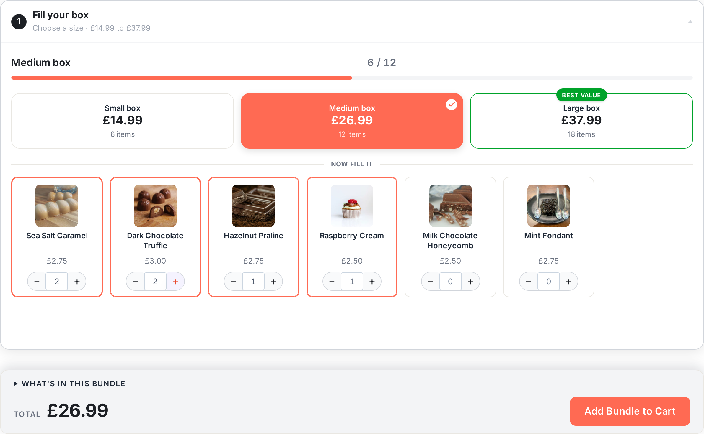 A build-your-own chocolate box in WooCommerce: three pack sizes with a best-value badge, a 6 of 12 fill meter, and a live total