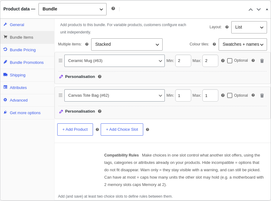 The Bundle Items panel showing two product slots with quantity fields