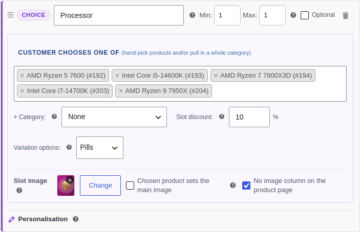 A choice slot row in the admin with a pool of products and a slot discount