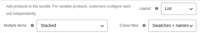 The Layout and Multiple items dropdowns at the top of the Bundle Items tab in the admin