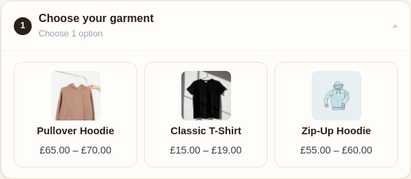 A choice slot where the customer picks the garment from candidate cards