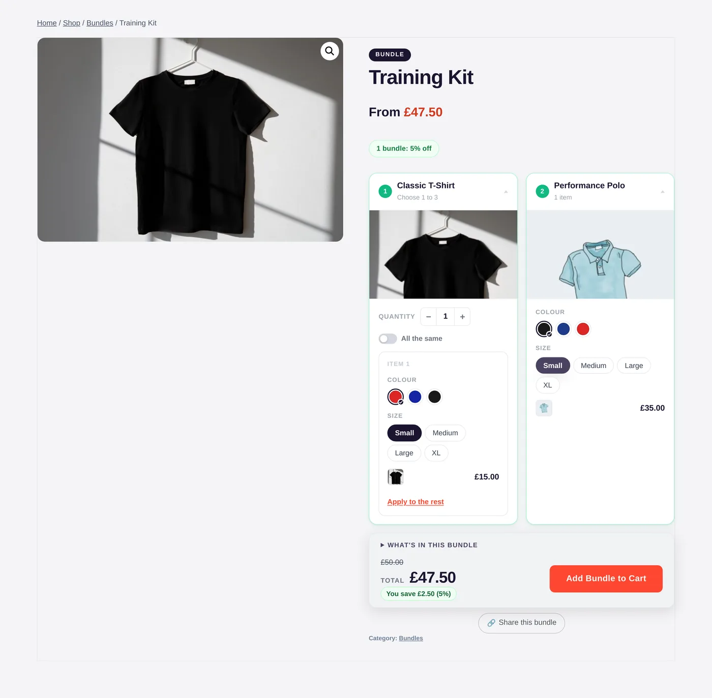 A team kit bundle in WooCommerce, each item configured with its own colour and size