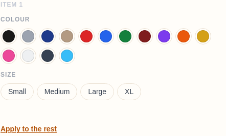 Colour options shown as swatch circles with sizes as pills