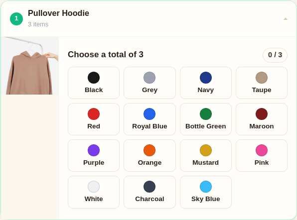 A hoodie shown as a quantity grid of colour tiles
