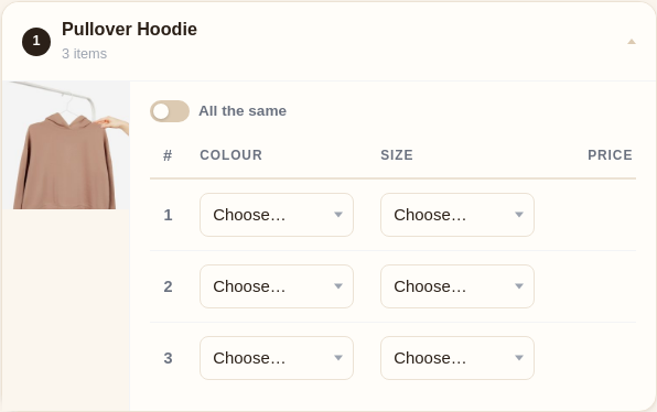 Three hoodie units shown as rows in a table with colour and size dropdowns