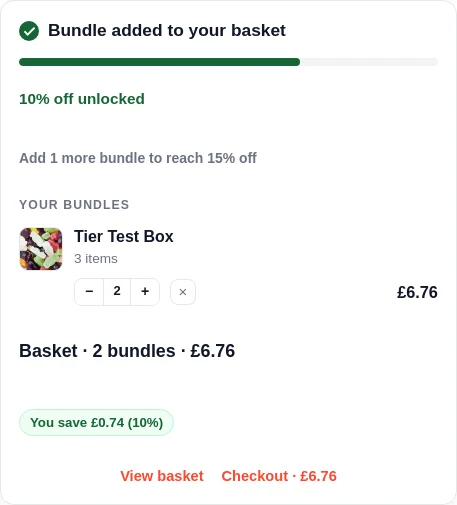 The order panel showing the boxes in the basket, the tier progress bar and the saving