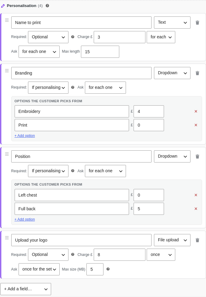 The Personalisation panel on a bundle item with several add-on fields