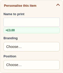 A customer entering a name and uploading a logo on a bundle item, with the charge shown