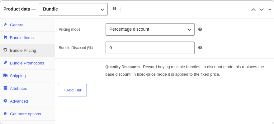 The Bundle Pricing tab with mode, discount and quantity tiers
