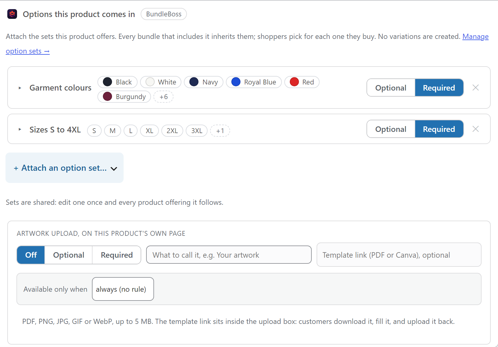 The Product options tab on a simple product with two attached sets and per-option price overrides