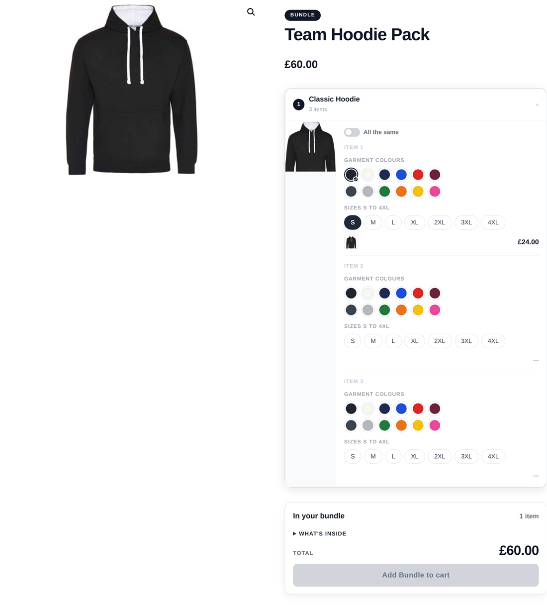 A three-hoodie bundle where each unit has its own colour swatches and size pills