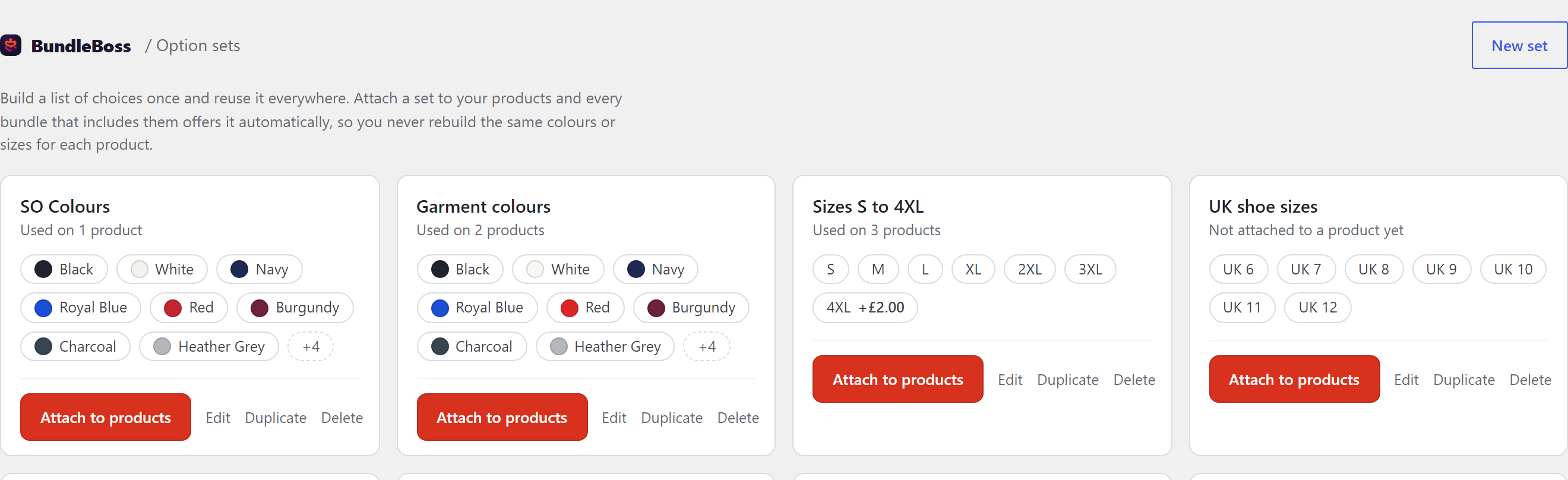 The Option sets page: saved sets shown as cards with their swatches and pills, ready-made sets below
