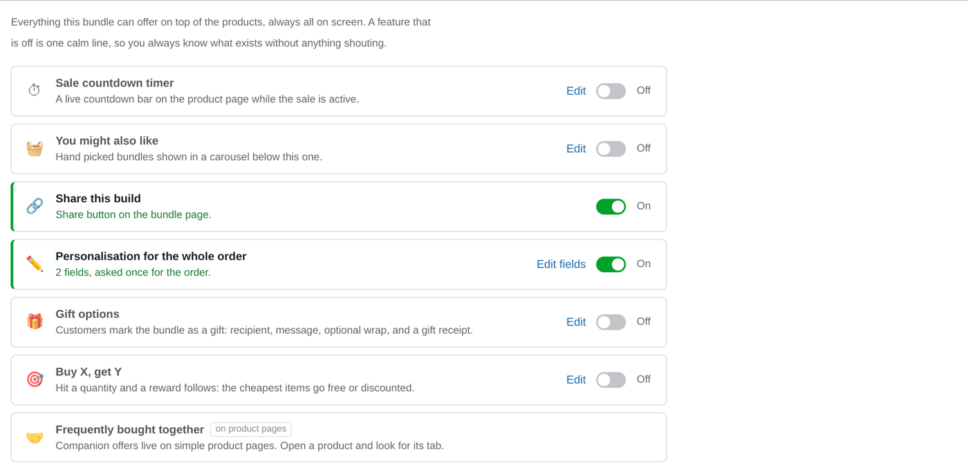 The Bundle Promotions tab: each feature as a row with a switch, a state summary and an Edit button