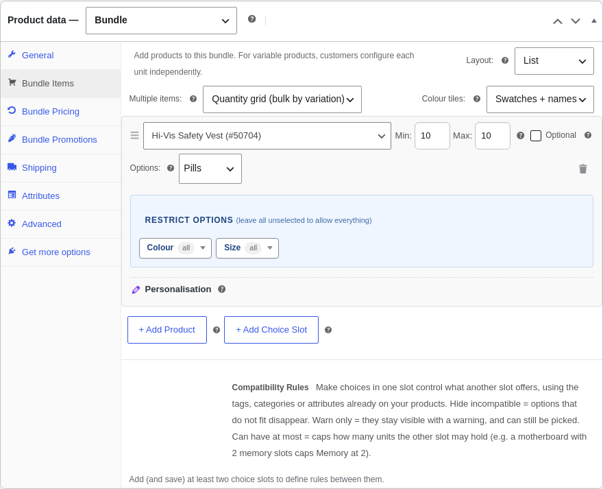 The Multiple items setting set to Quantity grid with a Colour tiles dropdown