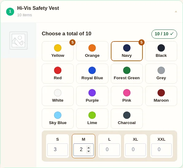 A quantity grid: colour tiles with a size run typed in below, totals updating live