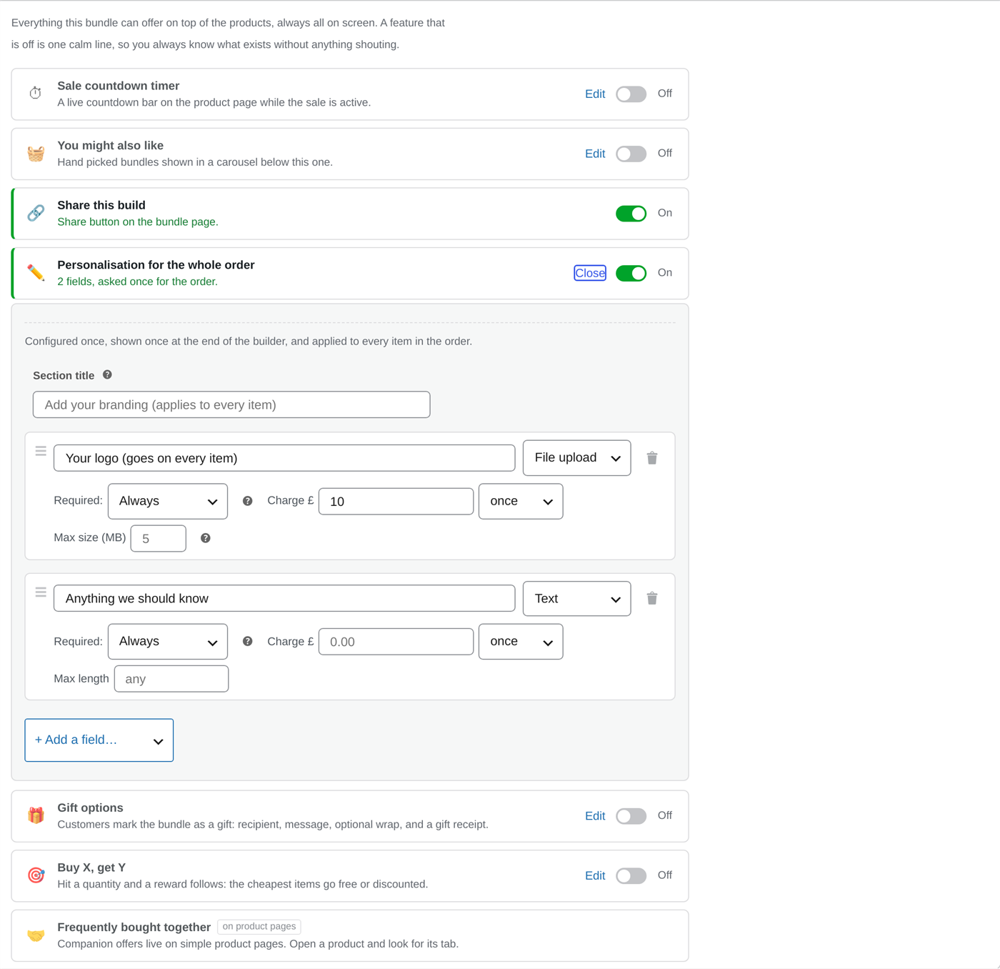The whole-order personalisation row on Bundle Promotions with its fields editor open