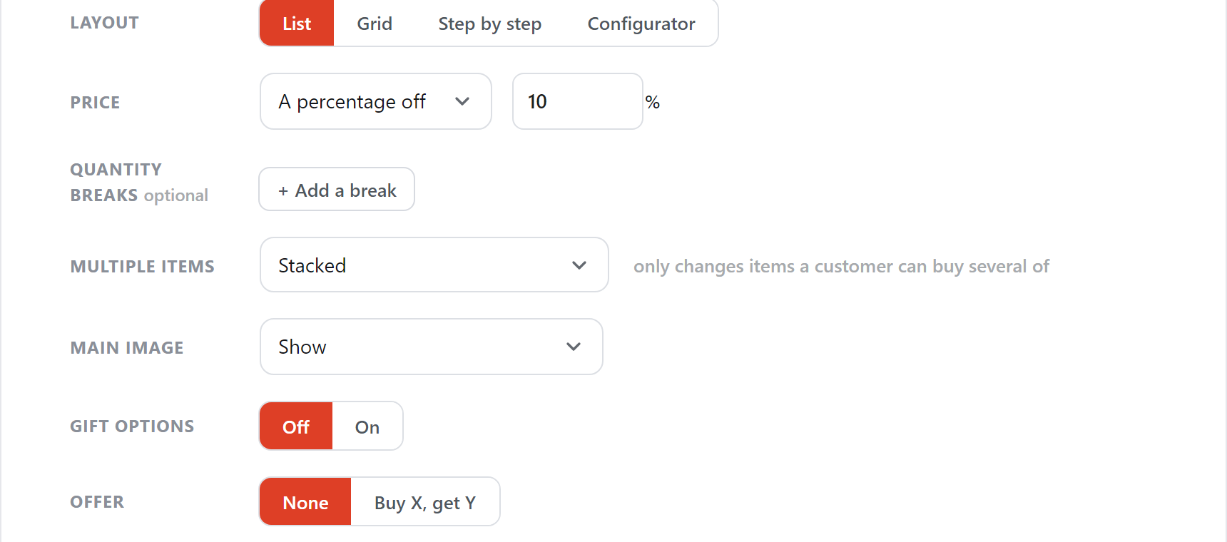 The Review step's one-decision rows: layout, price, quantity breaks, gift options and offer